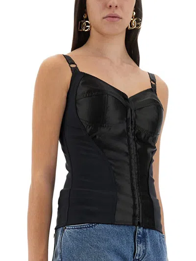 Dolce & Gabbana Satin Buttoned Fitted Top In Black