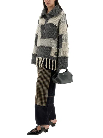Ganni Wide-leg Organic Cotton Pants With Checkered Patch Pockets In Black