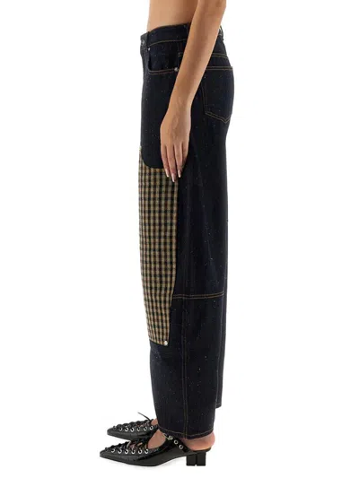 Ganni Wide-leg Organic Cotton Pants With Checkered Patch Pockets In Black