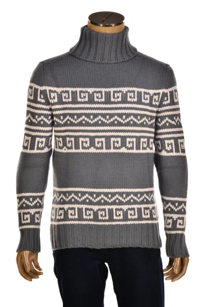 Manrico Cashmere Tribal Pattered Turtleneck Thick Knit Sweater In Gray