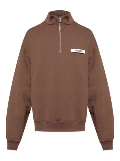 Jacquemus Grosgrain Sweatshirt With Turtleneck And Half-zip Closure In Brown
