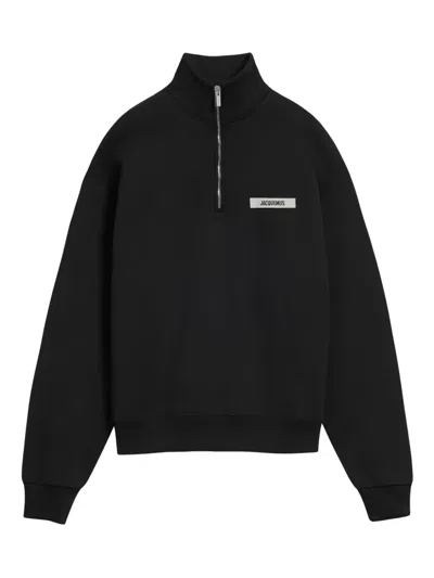 Jacquemus High Neck Zip Sweatshirt With Logo Detail And Gathered Cuffs In Black