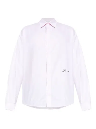 Jacquemus Men Shirt With Embroidered Logo And Herringbone Pattern In Multi