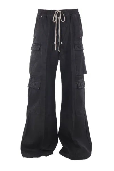 Rick Owens Drkshdw Black Hollywood Imbalanced Double Cargo Jumbo Belas Denim Cargo Pants In Black
