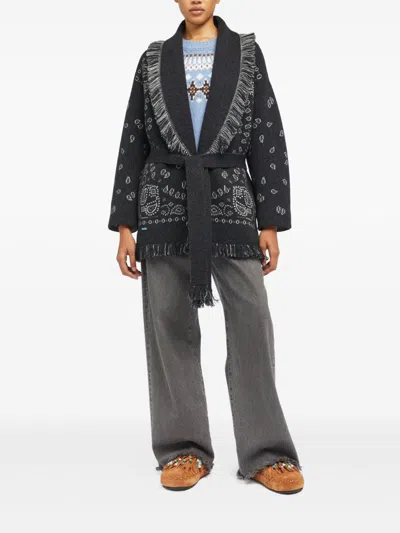 Alanui Bandana-jacquard Fringed Cardigan In Gray