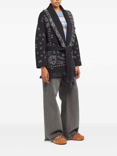 Alanui Bandana-jacquard Fringed Cardigan In Gray