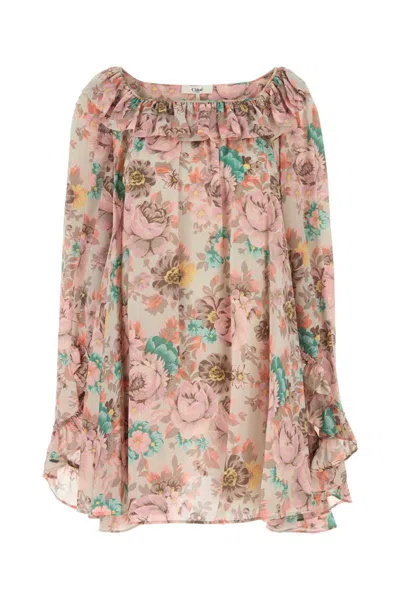 Chloé Bouquet-printed Organic Silk Crepe De Chine Mini Cape Dress In Pink