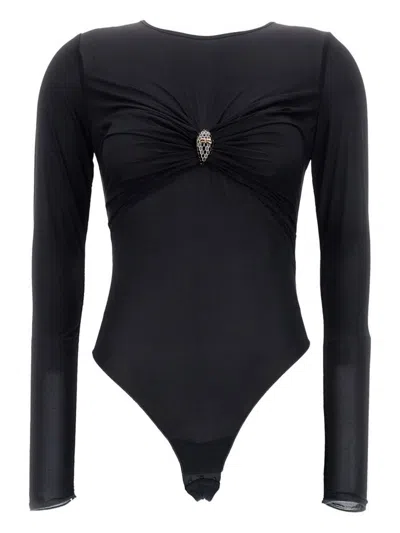 Elisabetta Franchi Black Crewneck Bodysuit With Knot Detail On The Front And Jewel Embellishment In Viscose Stretch Wom In Black