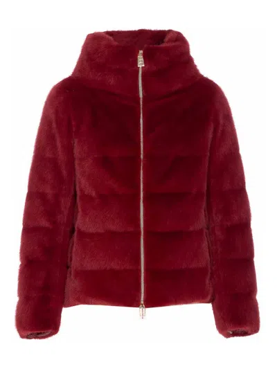 Herno Plush Bordeaux Synthetic Fur Jacket With High Collar In White
