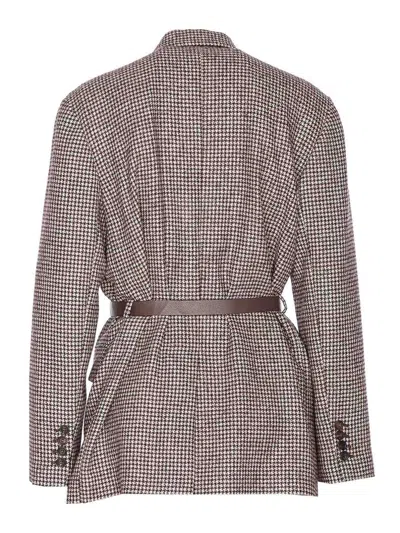 Brunello Cucinelli Giacca In Pied-de-poule Di Lana E Alpaca Con Cintura In Pelle E Monile In Burgundy