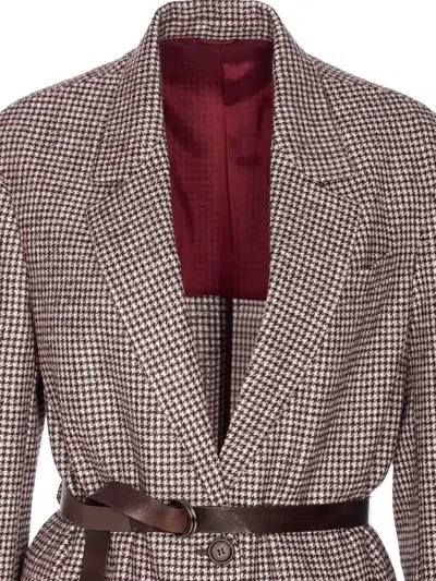 Brunello Cucinelli Giacca In Pied-de-poule Di Lana E Alpaca Con Cintura In Pelle E Monile In Burgundy