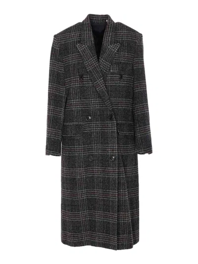 Isabel Marant Étoile Double-breasted Grey Plaid Coat With Structured Silhouette In Black