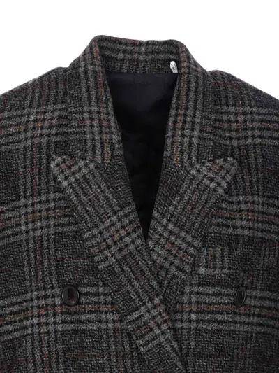 Isabel Marant Étoile Double-breasted Grey Plaid Coat With Structured Silhouette In Black