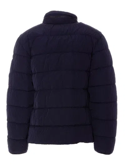 C.p. Company Blue Down Jacket With Fixed Hood And Logo Plaque On The Sleeve In Tech Fabric Man In Blue