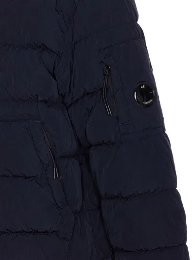 C.p. Company Blue Down Jacket With Fixed Hood And Logo Plaque On The Sleeve In Tech Fabric Man In Blue