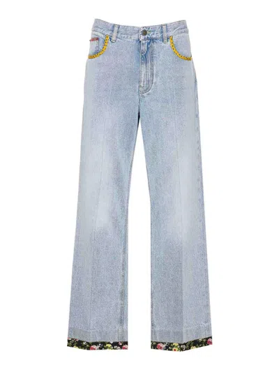 Valentino Stitched Denim Trousers With Embroidered Accents In Blue