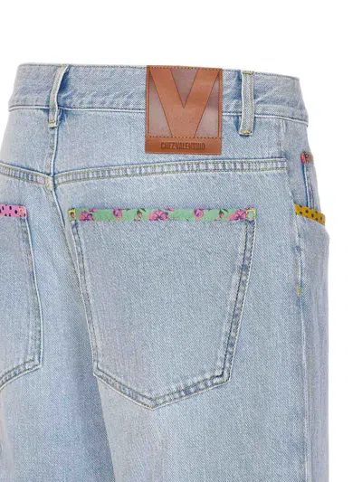 Valentino Stitched Denim Trousers With Embroidered Accents In Blue