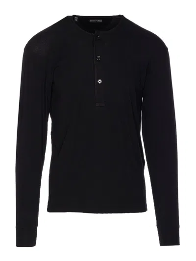 Tom Ford Henley Cotton Stretch Ribbed Long Sleeved T-shirt In Black