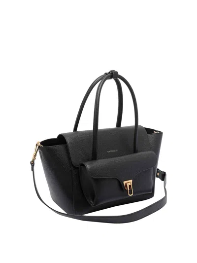 Coccinelle Double Beat Leather Tote Bag In Black