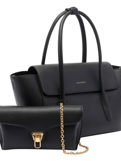 Coccinelle Double Beat Leather Tote Bag In Black