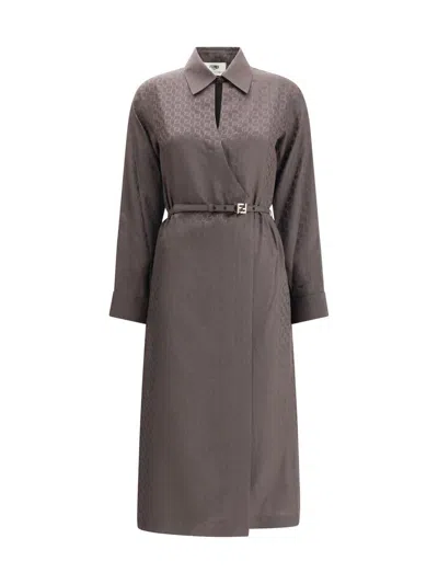 Fendi Silk Chess Ff Long Sleeve Midi Dress Dresses Brown In Brown