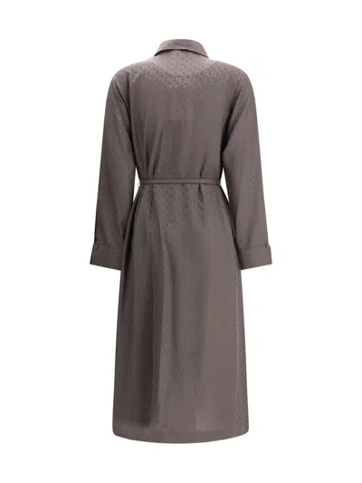 Fendi Silk Chess Ff Long Sleeve Midi Dress Dresses Brown In Brown