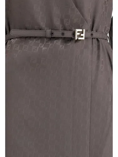 Fendi Silk Chess Ff Long Sleeve Midi Dress Dresses Brown In Brown