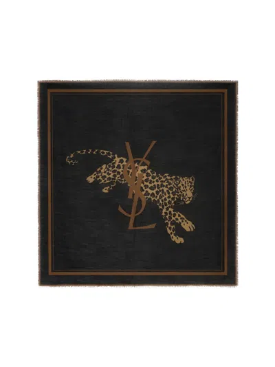 Saint Laurent Cassandre Large Square Scarf In Wool Twill In Brown