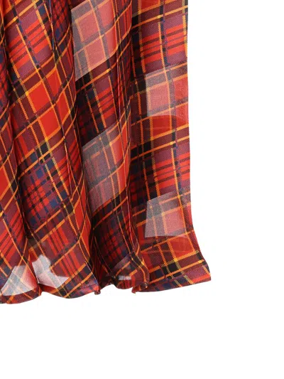 Saint Laurent Tartan Pleated Maxi Skirt In Silk In Burgundy