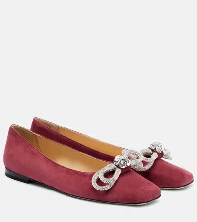 Mach&mach Double Bow Embellished Suede Ballet Flats In Burgundy