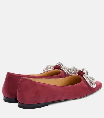 Mach&mach Double Bow Embellished Suede Ballet Flats In Burgundy