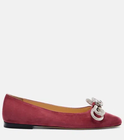 Mach&mach Double Bow Embellished Suede Ballet Flats In Burgundy