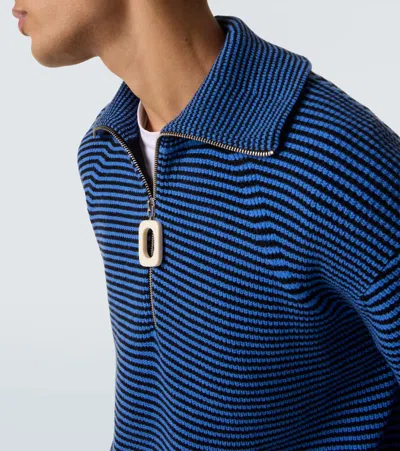 Jw Anderson Blue Sweater With Half Zip Closure On The Front In Cotton Piquet Man In Blue