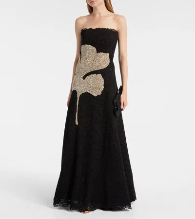 Costarellos Hallis Strapless Crystal-embellished Corded Lace Midi Dress In Black