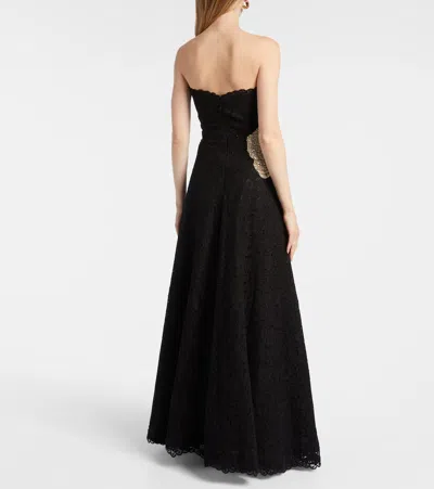 Costarellos Hallis Strapless Crystal-embellished Corded Lace Midi Dress In Black