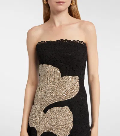 Costarellos Hallis Strapless Crystal-embellished Corded Lace Midi Dress In Black