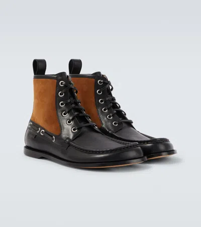 Loewe Rounded Toe Calfskin Bootie With Suede Inserts In Black