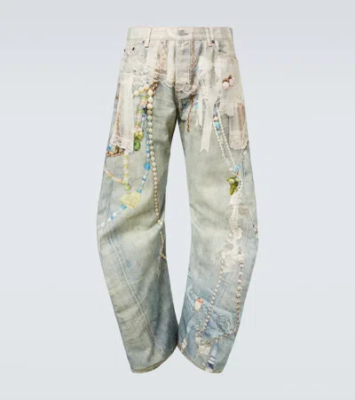Acne Studios Distressed Printed Barrel-leg Jeans In Blue