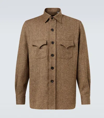 Rubinacci Herringbone Wool Western Shirt In Brown