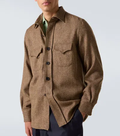 Rubinacci Herringbone Wool Western Shirt In Brown