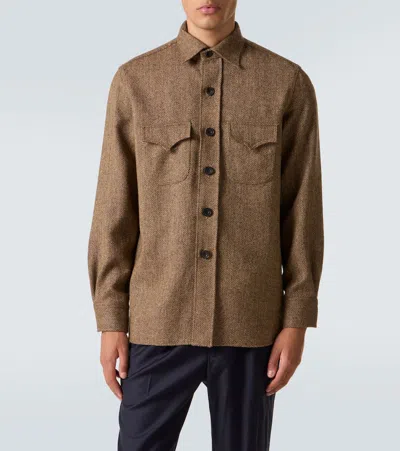 Rubinacci Herringbone Wool Western Shirt In Brown