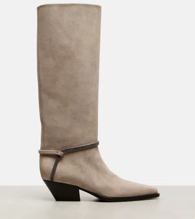 Brunello Cucinelli Monili Suede Knee-high Boots In Gray