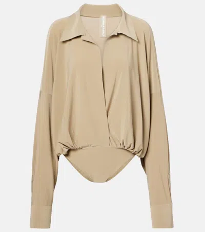 Norma Kamali Super Oversized Boyfriend Shirt Bodysuit In Brown