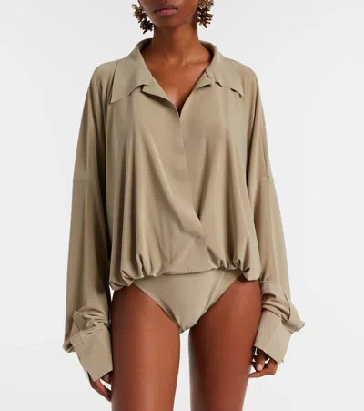 Norma Kamali Super Oversized Boyfriend Shirt Bodysuit In Brown