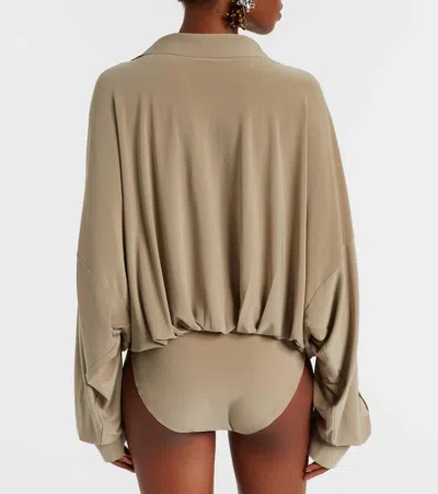 Norma Kamali Super Oversized Boyfriend Shirt Bodysuit In Brown