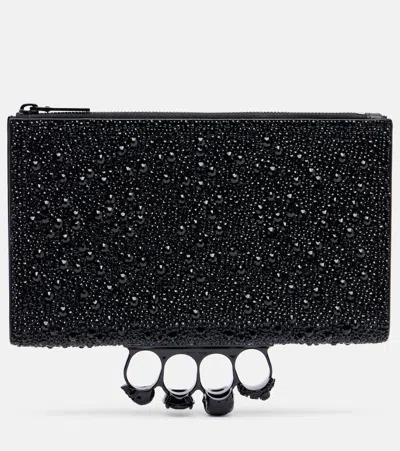 Alexander Mcqueen Skull Knuckle Studded Leather Pouch In Black
