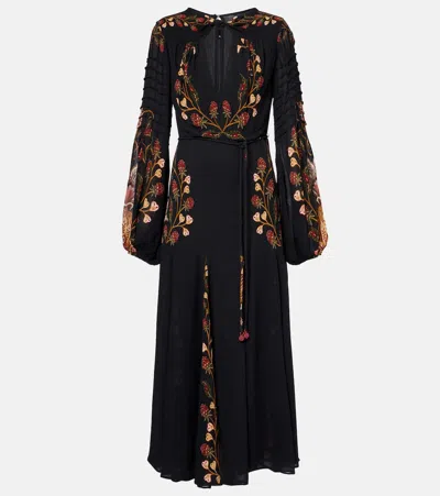Farm Rio Berry Garden Belted Floral-print Crepe De Chine Midi Dress In Black