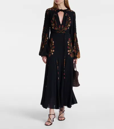 Farm Rio Berry Garden Belted Floral-print Crepe De Chine Midi Dress In Black