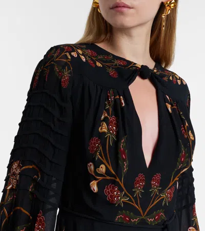 Farm Rio Berry Garden Belted Floral-print Crepe De Chine Midi Dress In Black