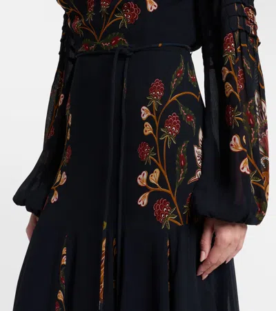 Farm Rio Berry Garden Belted Floral-print Crepe De Chine Midi Dress In Black